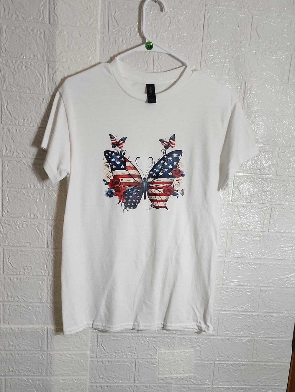 Women’s White Butterfly Graphic Tee with American Flag Detail